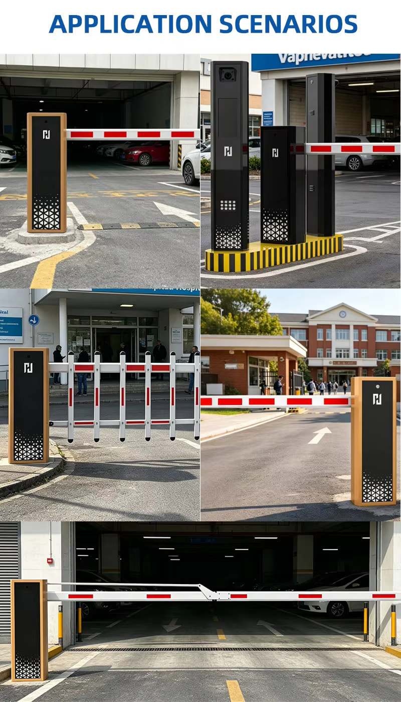 Commercial parking lot barrier gate installation site with RFID reader and LPR camera integration